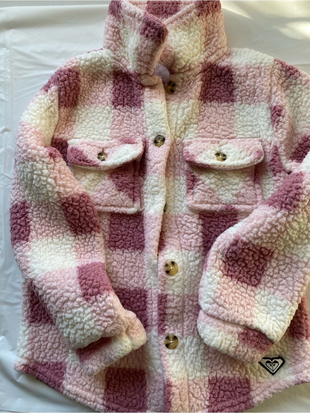 Roxy Girl Pink Buffalo Plaid Sherpa Fleece Shacket Button Up Jacket Size M 10/12